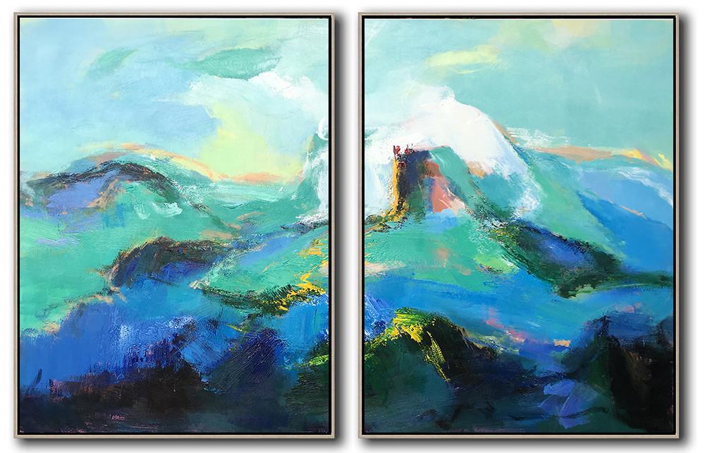 Handmade Extra Large Contemporary Painting,Set Of 2 Abstract Landscape Painting On Canvas,Large Canvas Art,Modern Art Abstract Painting,Green,Blue,Black,White.etc